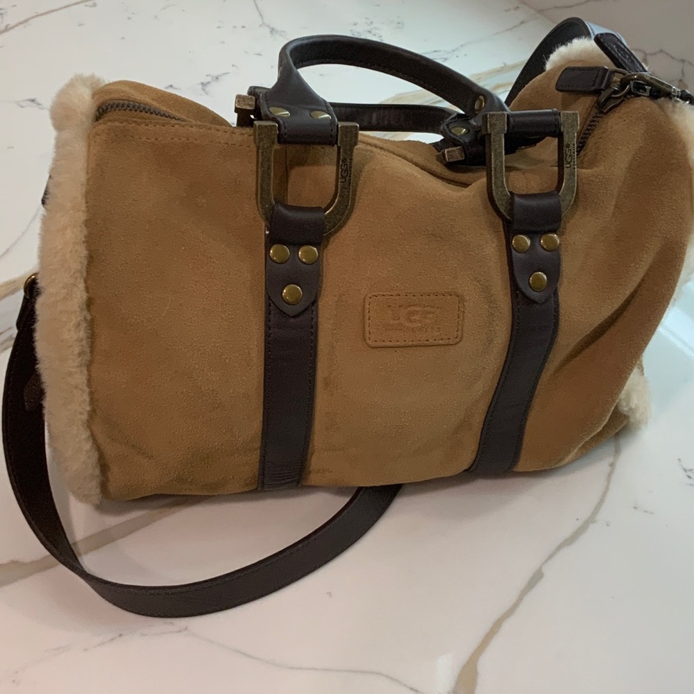 UGG Tan Suede Shearling Duffel with Dark Brown Trim